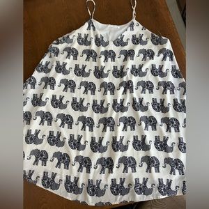 Spaghetti strap summer dress, L, black print elephants on cream wt background.